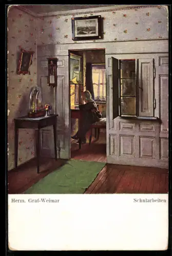 Künstler-AK sign. Herm. Graf-Weimar: Kind bei den Schularbeiten