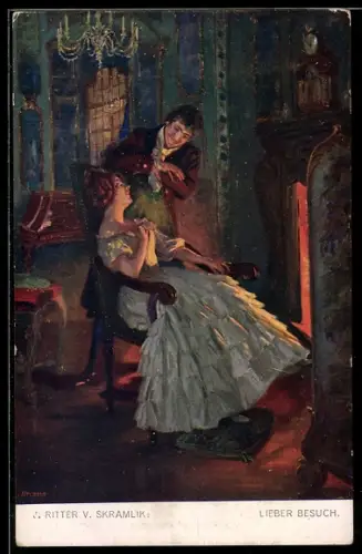 Künstler-AK sign. J. Ritter v. Skramlik: Frau hat lieben Besuch