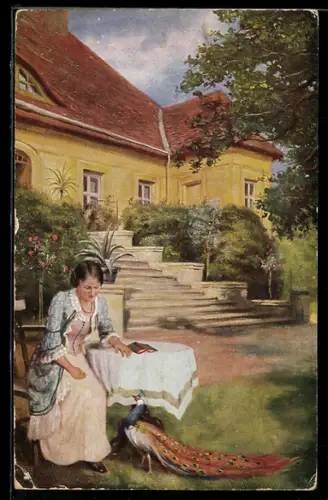 Künstler-AK sign. H. Wehm: Pfau am Tisch bei Frau