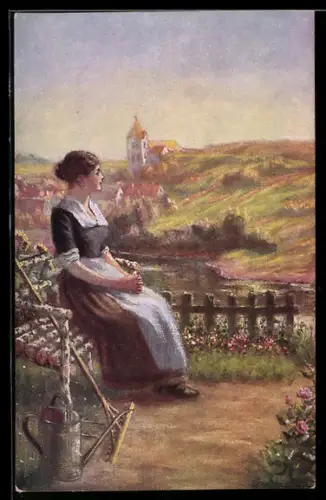 Künstler-AK sign. Germanus: Bauersfrau an Bank am Abend