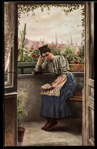 Künstler-AK sign. R. de Witt: Frau liest neuen Roman