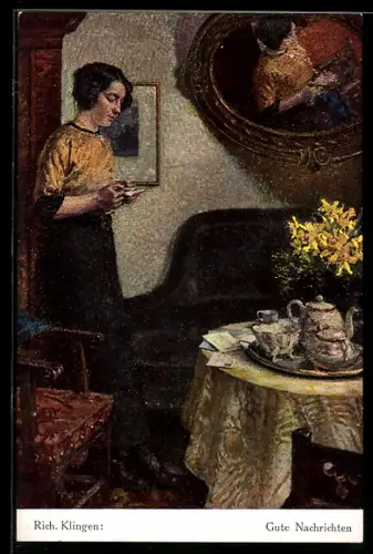 Künstler-AK sign. Rich. Klingen: Frau bekommt gute Nachrichten