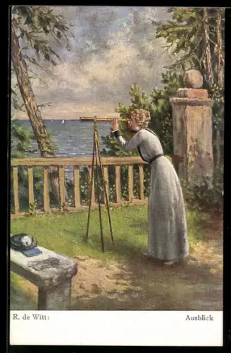 Künstler-AK sign. R. de Witt: Junge Frau mit Fernrohr
