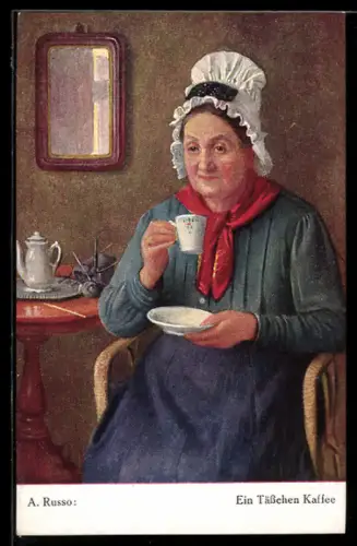 Künstler-AK sign. A. Russo: Frau bei einem Tässchen Kaffee