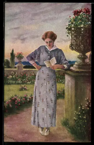 Künstler-AK sign. I. Linschoten: Junge Frau im Schlossgarten
