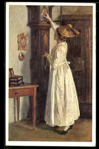 Künstler-AK sign. Oskar Grill: Frau an einer Standuhr