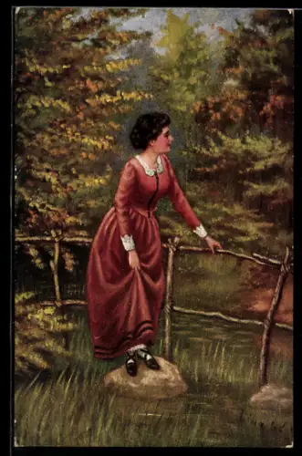 Künstler-AK sign. I. Linschoten: Frau überquert einen Bach