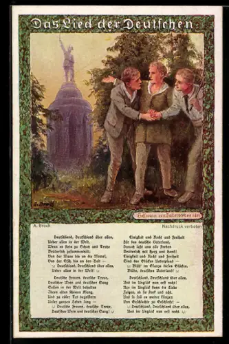 Künstler-AK Hoffmann von Fallersleben, das Lied der Deutschen, Junge Männer vor dem Denkmal