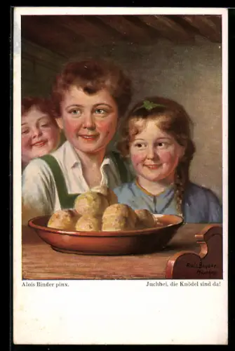 Künstler-AK sign. Alois Binder: Kinder mit einer Schüssel Knödel