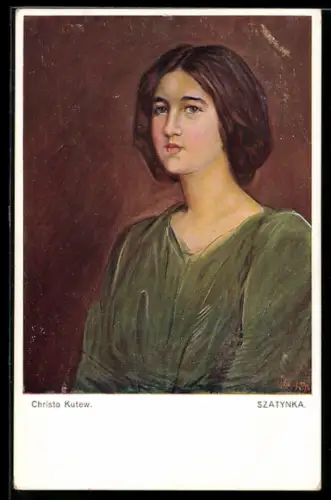 Künstler-AK sign. Christo Kutew: Junge Frau im grünen Kleid
