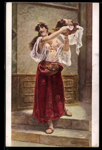 Künstler-AK sign. Papperitz: Salome mit Kopf in einer Schale