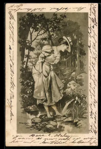 Künstler-AK sign. F. Kruis: Frau bei einer Kneippkur