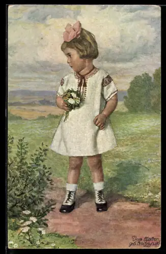 Künstler-AK sign. Vera Walter geb. Leschzynski: Mädchen pflückt Blumen für Mutters Geburtstag