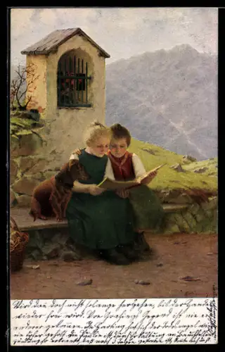 Künstler-AK sign. Th. Kleehaas: Zwei Mädchen mit Bilderbuch