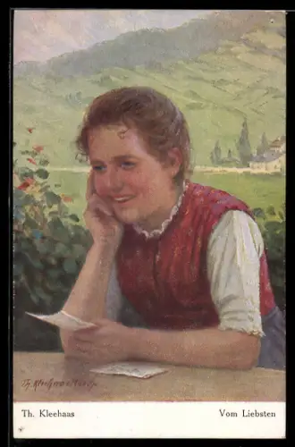 Künstler-AK sign. Th. Kleehaas: Frau mit Nachricht vom Liebsten