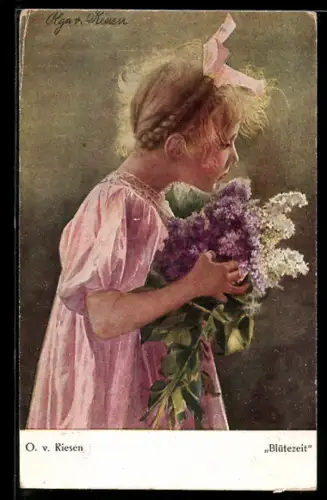Künstler-AK Arno von Riesen: Blondes Mädchen mit Flieder im Arm