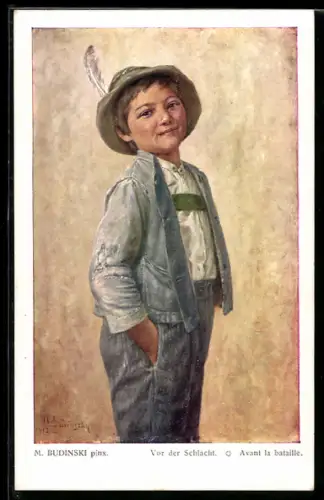 Künstler-AK sign. M. Budinski: Junge vor der Schlacht