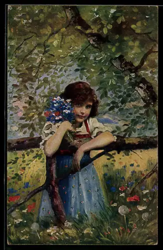 Künstler-AK sign. B. Friesen: Junges Mädchen mit Vergissmeinnicht