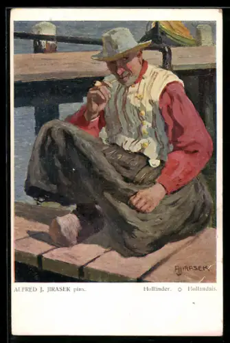 Künstler-AK sign. Alfred J. Jirasek: Älterer Mann mit Tabakspfeife