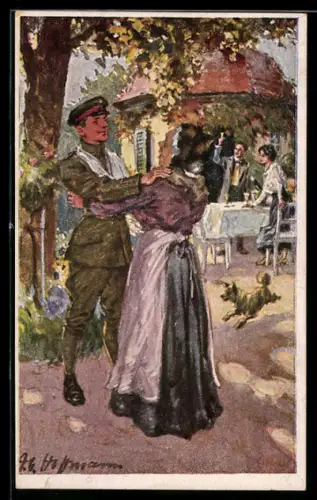 Künstler-AK H. Hoffmann: Soldat tanzt mit älterer Frau