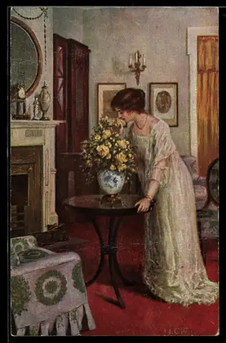 Künstler-AK sign. H. Gitter: Junge Frau riecht an Rosen