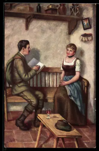 Künstler-AK sign. I. Linschoten: Maler skizziert junge Frau