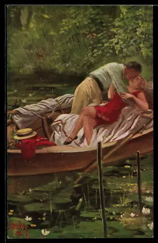 Künstler-AK sign. J. Hector: Liebespaar auf einem Boot