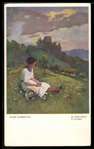 Künstler-AK sign. Hans Massmann: verliebte junge Dame sitzt auf der Wiese vor einer Burgruine