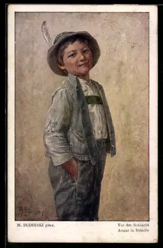 Künstler-AK sign. M. Budinski: Junge vor der Schlacht