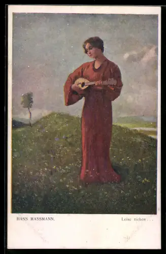 Künstler-AK sign. Hans Massmann: Frau mit Lautengitarre am Abend