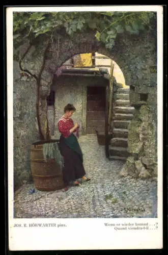 Künstler-AK sign. Jos. E. Hörwarter: Frau strickt im Hof