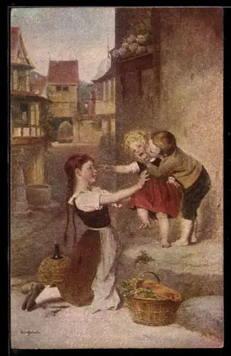 Künstler-AK sign. A. Dieffenbach: Kleiner Junge küsst Mädchen