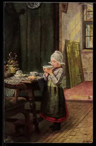 Künstler-AK sign. K. Mücke: Mädchen trinkt aus einer Schale