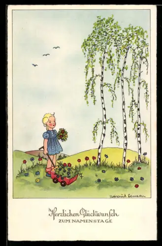 Künstler-AK sign. Rotraut Jensen: Mädchen mit Blumenkarren, Glückwunsch zum Namenstage