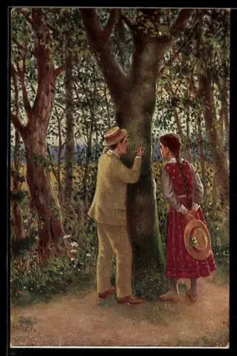 Künstler-AK sign. I. Linschoten: Junger Mann ritzt in einen Baum