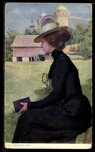 Künstler-AK sign. J. J. Loukota: Junge Frau mit Buch