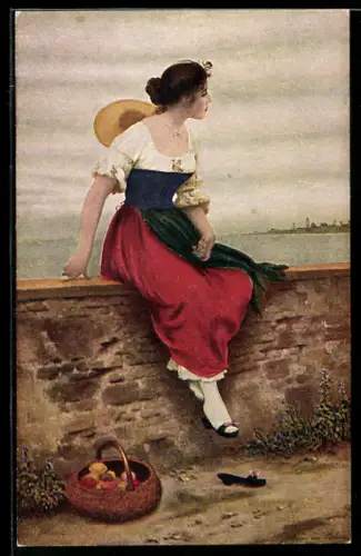 Künstler-AK sign. J. v. Blaas: Junge Frau schaut übers Meer