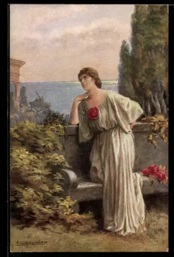 Künstler-AK sign. E. Schneider: Weltentrückte Frau an Bank