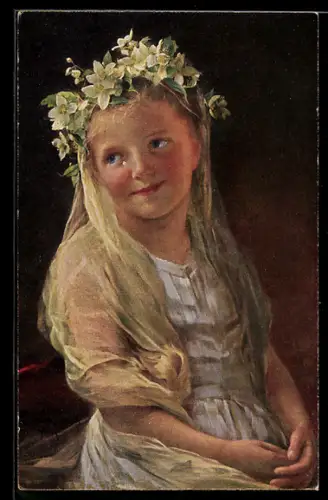Künstler-AK sign. Professor Pual Wagner: Mädchen mit Jasminblütenkranz