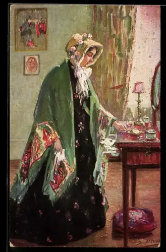 Künstler-AK sign. S. Minier: Junge Frau am Spiegel