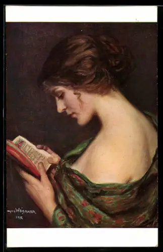 Künstler-AK sign. J. Weismann: Junge Frau liest ein Buch