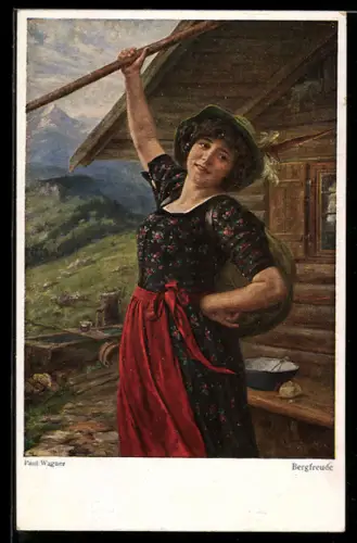 Künstler-AK sign. Paul Wagner: Wandersfrau in den Bergen