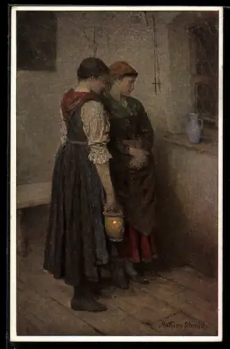 Künstler-AK sign. Prof. Matth. Schmid: Zwei Frauen an der Klosterpforte
