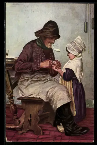 Künstler-AK sign. K. Behm: Mädchen bei älterem Herrn mit Tabakspfeife