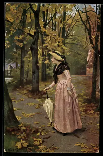 Künstler-AK sign. E. Niczky: Überraschte Frau mit Schirm