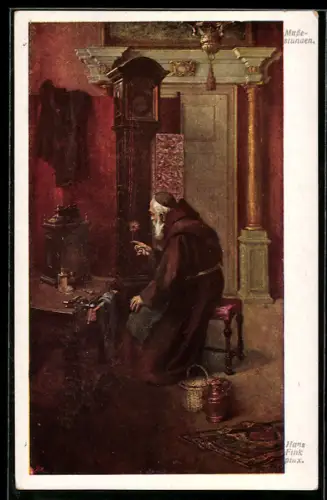 Künstler-AK sign. Hans Fink: Mönch bei einer Mussestunde