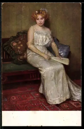 Künstler-AK sign. S. Glücklich: Fräulein mit Fächer nach dem Balle