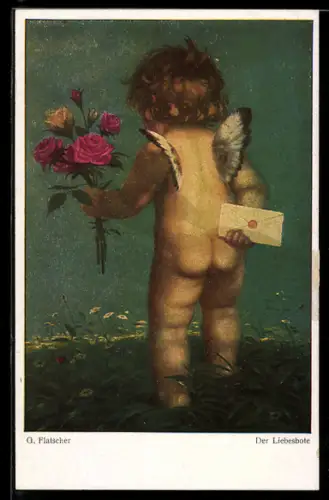 Künstler-AK sign. Georg Flatscher: Amor mit Rosen und Liebesbrief