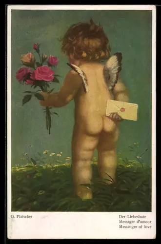Künstler-AK sign. Georg Flatscher: Amor mit Rosen und Liebesbrief
