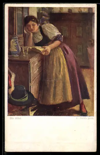 Künstler-AK sign. L. Delitz: Frau liest die Bibel